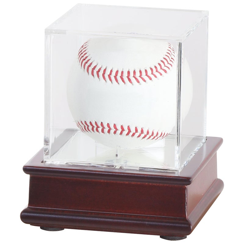 DisplayGifts Baseball Display Case Wooden Lacrosse Ball Stand - 98% UV High Protection All-Sides Closure Cube for a Home Run or Autographed Ball Cherry Finish Bottom - Image 1